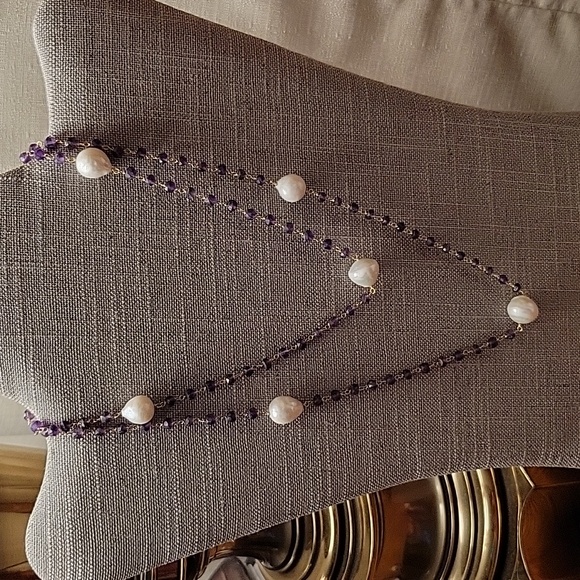 Jewelry - Freshwater Pearl, Amethyst Necklace 35" 14K YG over Sterling Silver